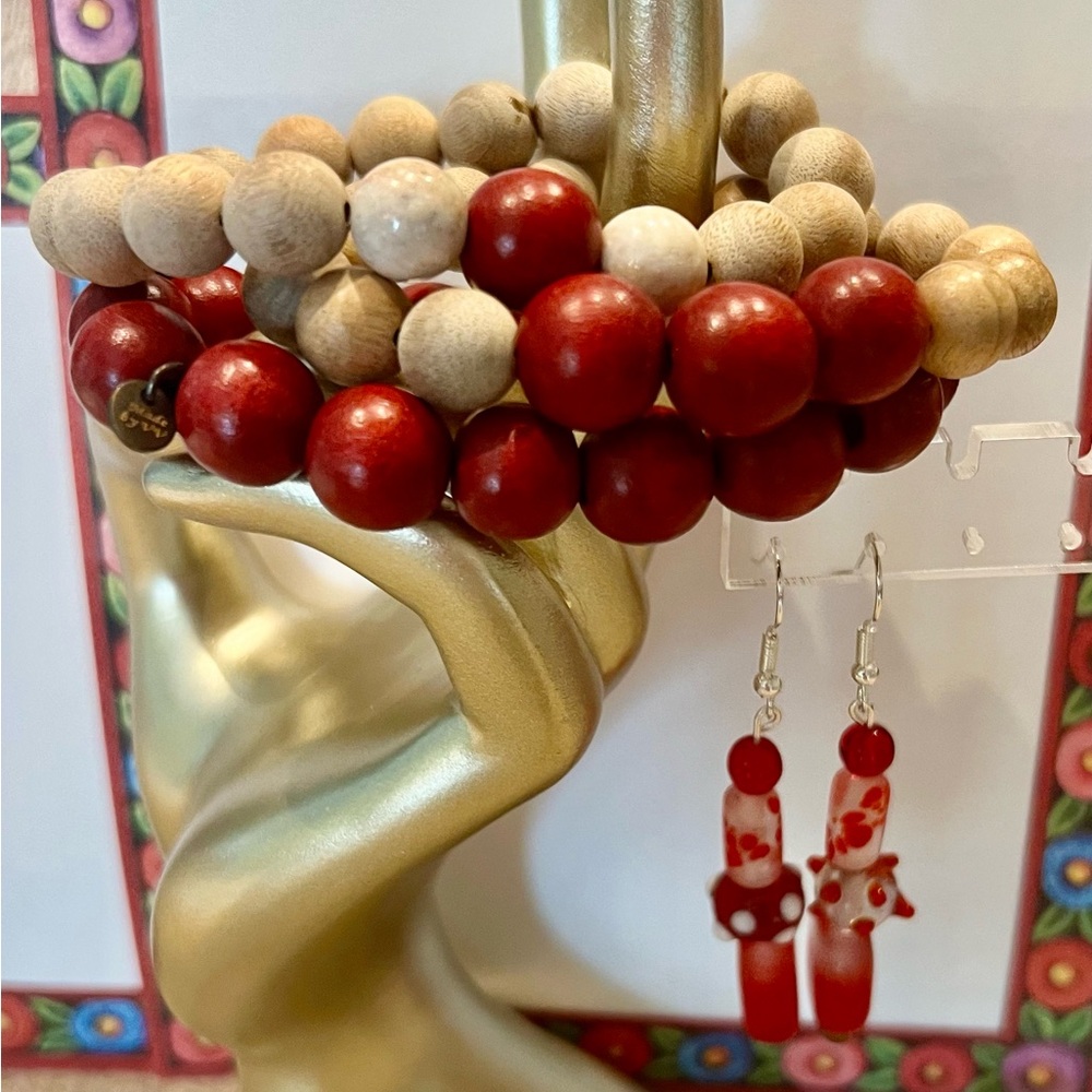 3 wooden beaded stretch bracelets with matching glass beaded earrings